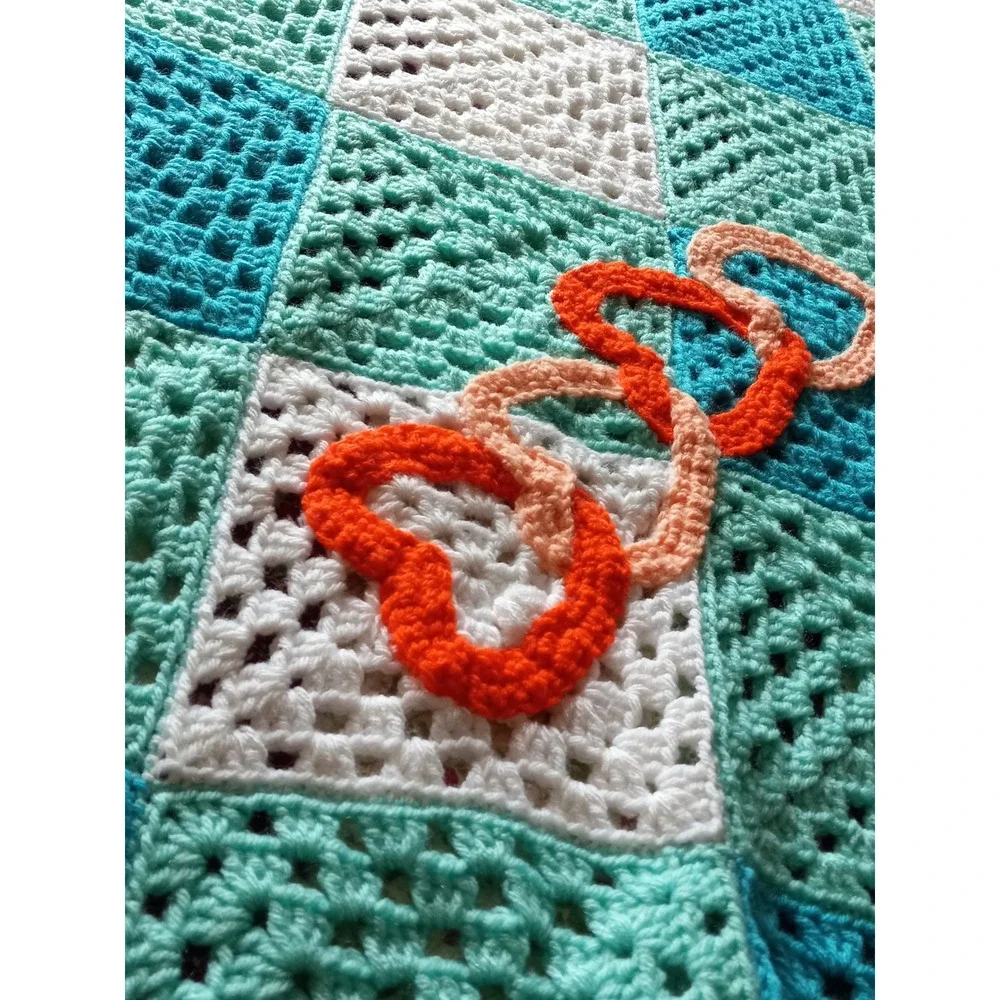 Handmade Crochet Granny Square Blanket Teal White Checkered Interlocking Hearts